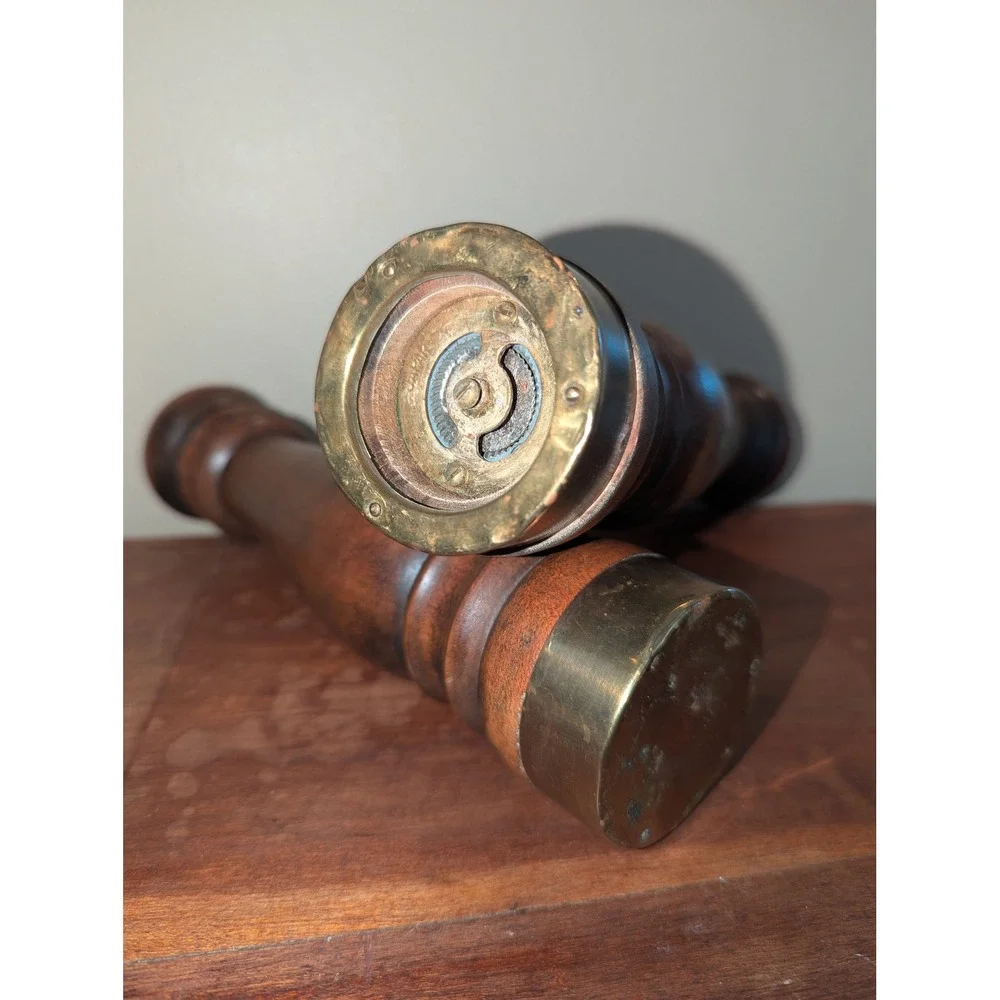 Vintage Wood Salt and Pepper Mill Set Brass Accents Made in Japan Mid Century